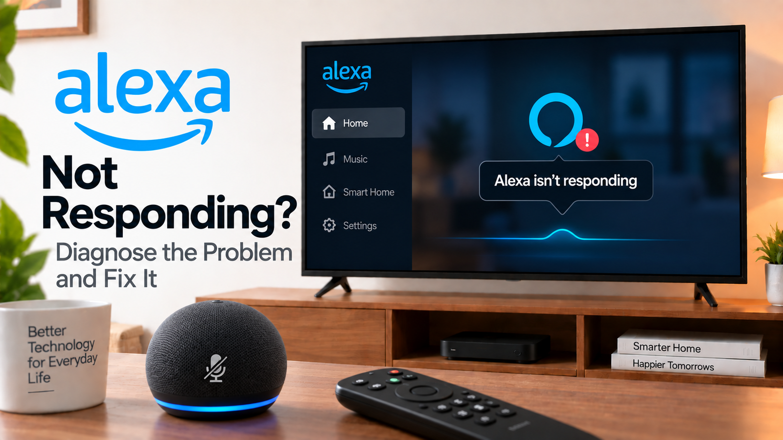 Alexa not responding troubleshooting guide showing an Echo speaker