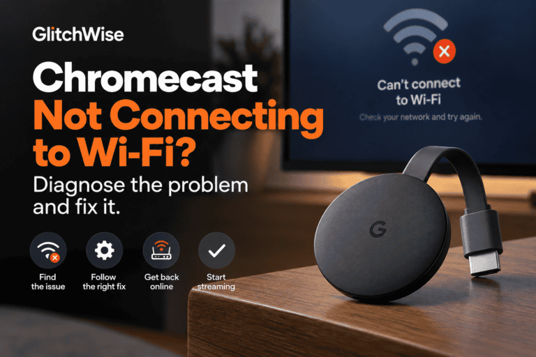 Chromecast device with Wi-Fi error message on screen.