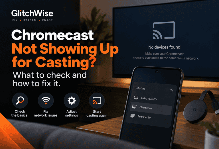 Chromecast device not detected on screen with casting options visible on phone.