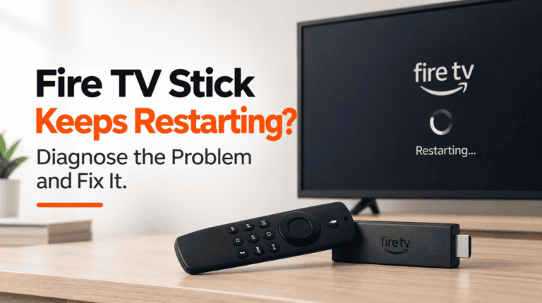 Fire TV Stick on a desk with a TV screen showing restarting message.