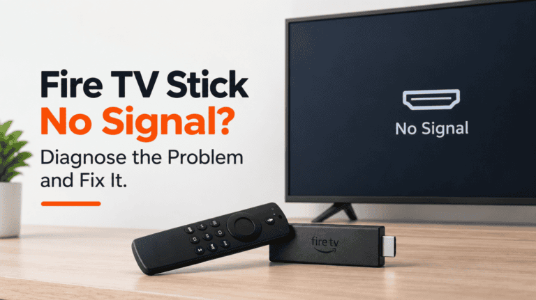 Fire TV Stick with no signal message on TV screen, troubleshooting guide.