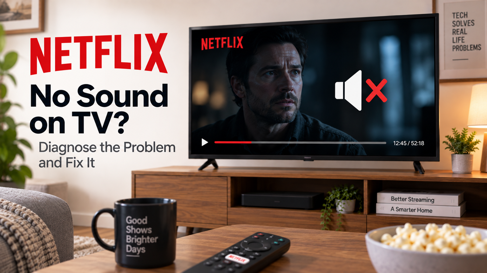Netflix no sound on TV with a muted speaker symbol displayed over a playing video