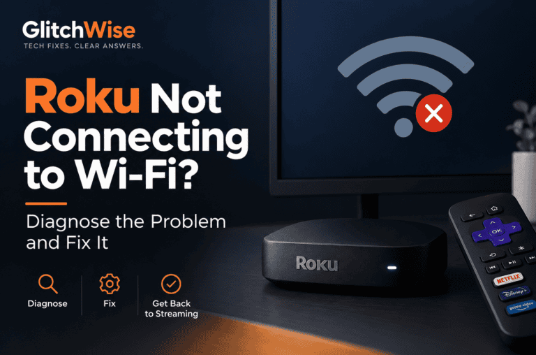 Roku device with Wi-Fi signal icon and error symbol.