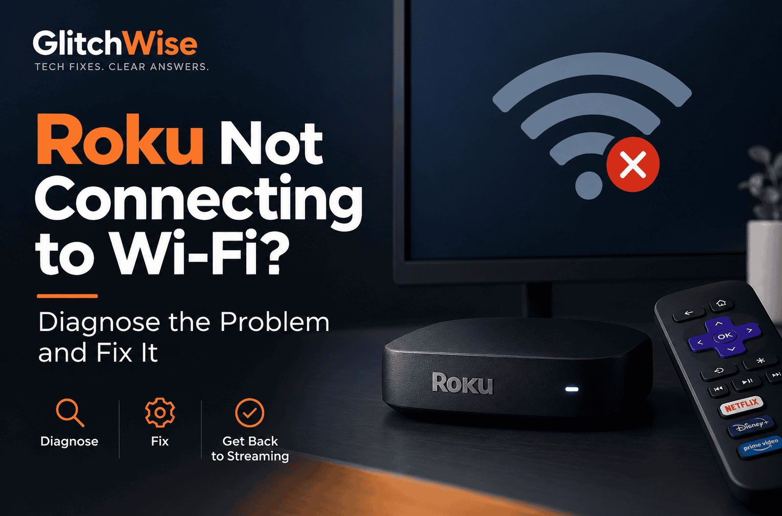 Roku device with Wi-Fi signal icon and error symbol.