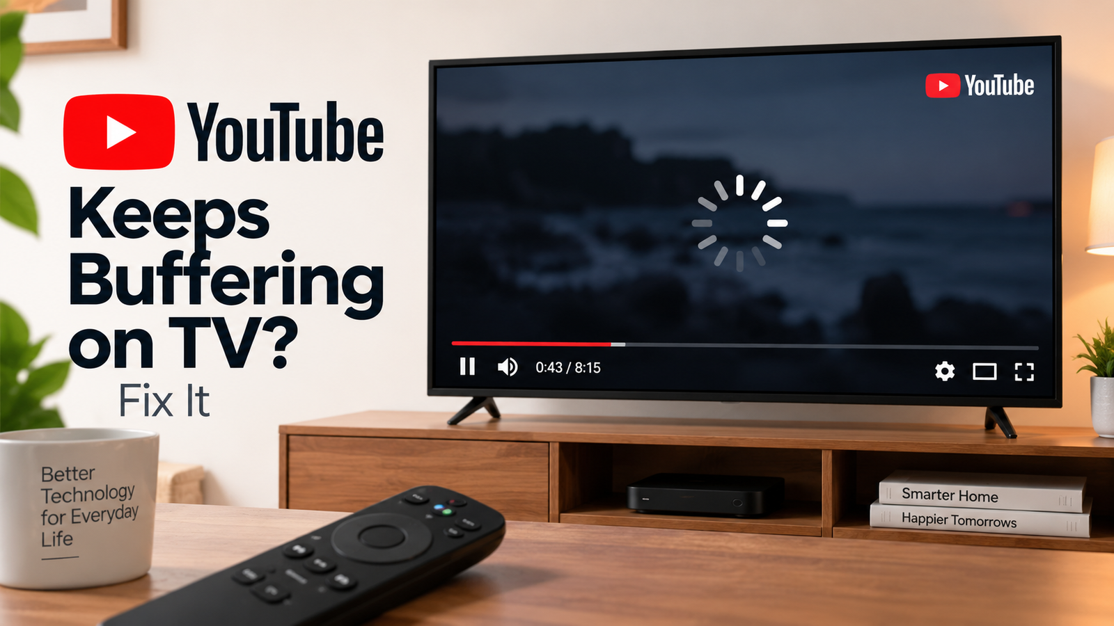 YouTube keeps buffering on TV troubleshooting guide showing a TV with a loading video