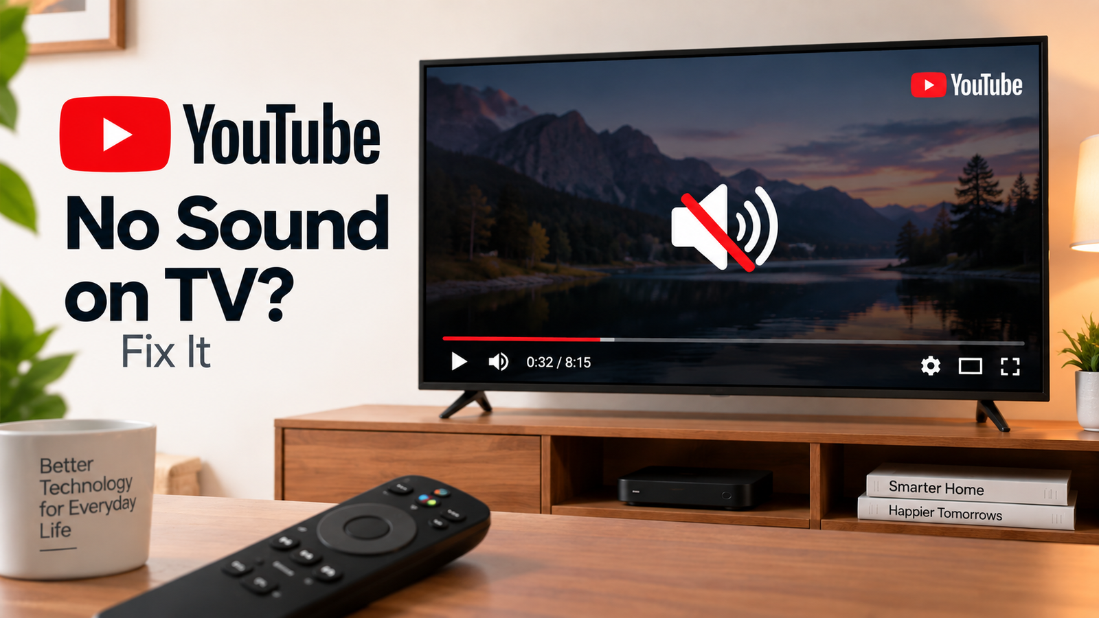 YouTube no sound on TV troubleshooting guide showing a TV with muted audio