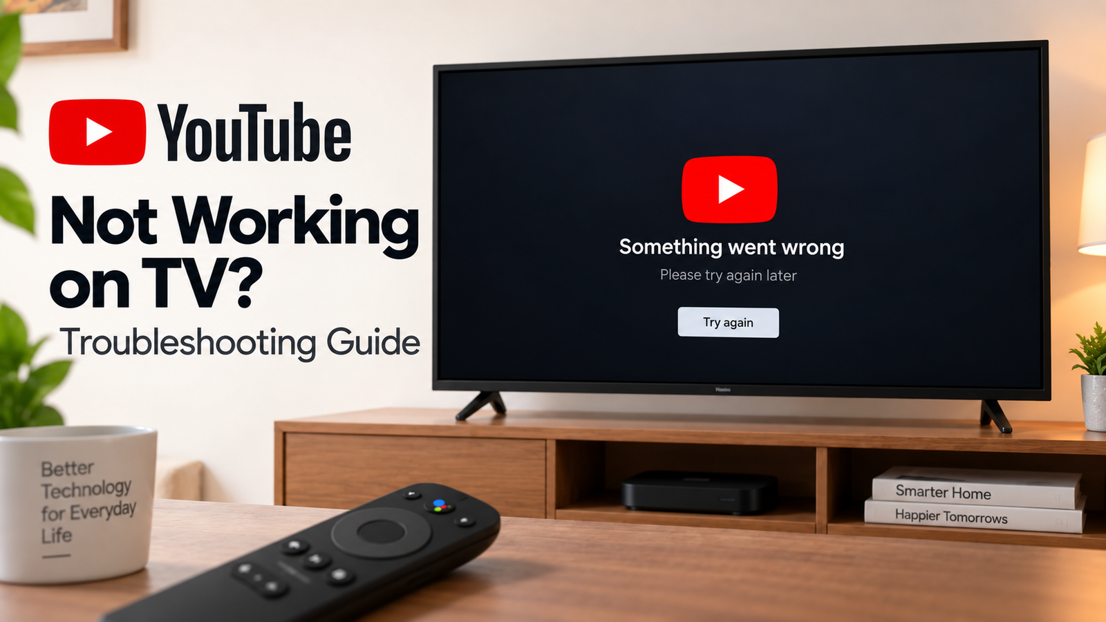 YouTube not working on TV troubleshooting guide showing a TV with the YouTube app