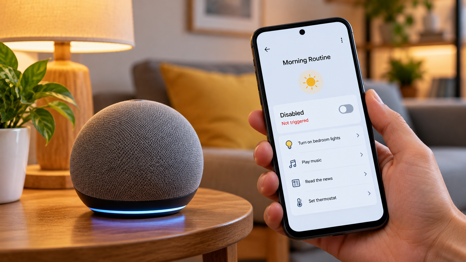 Alexa routine not working on a smartphone beside a smart speaker.