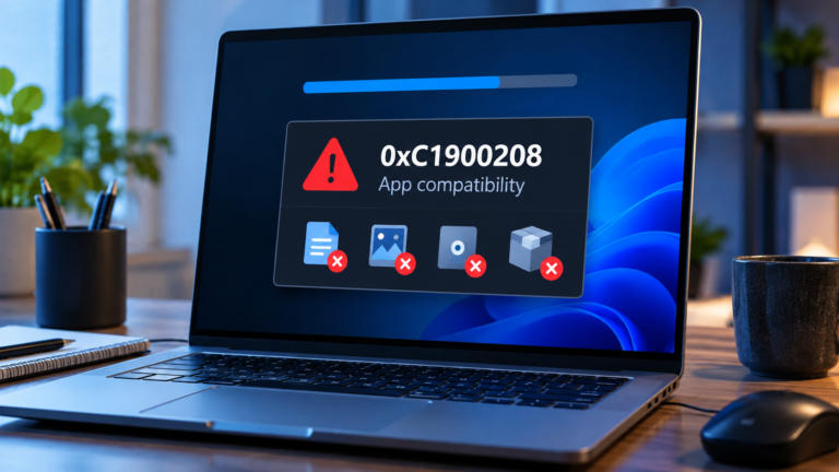 Windows upgrade error 0xC1900208 showing an application compatibility block during setup.