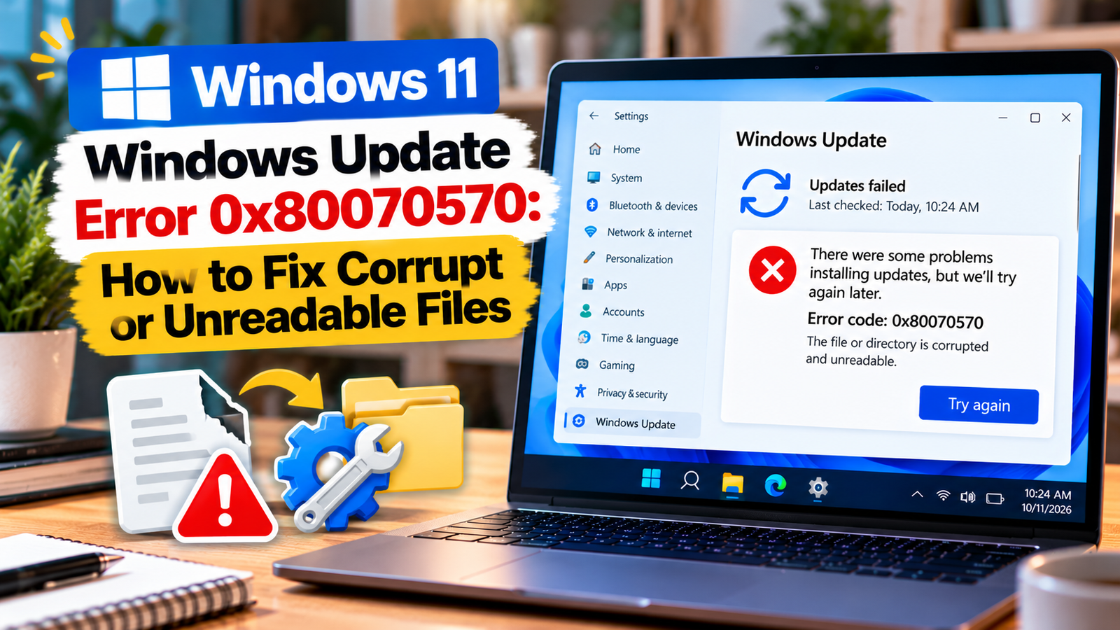 Windows Update error 0x80070570 displayed on a laptop.