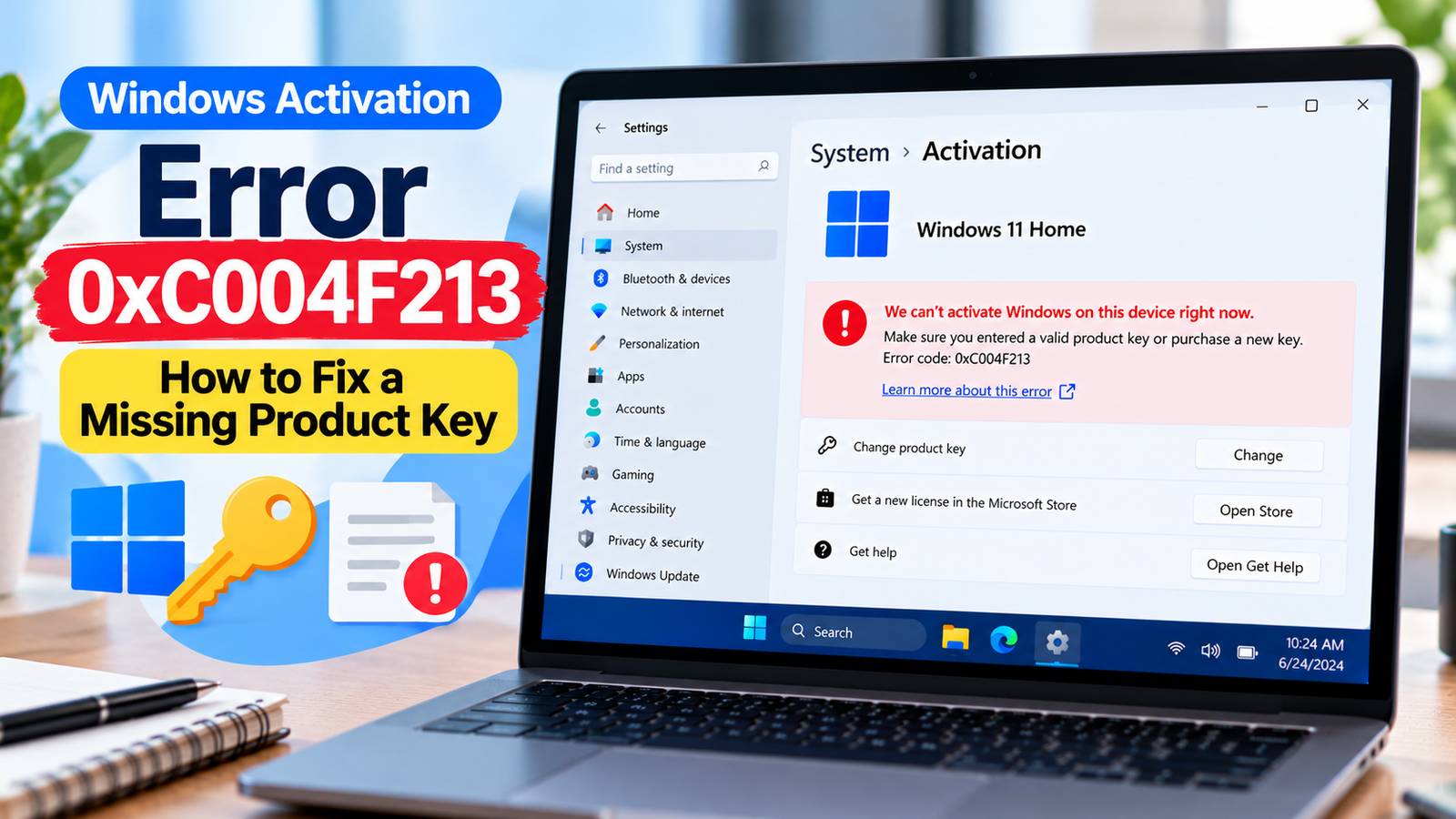 A Windows 11 Settings screen showing the Activation page and a product-key warning, with a laptop in focus.
