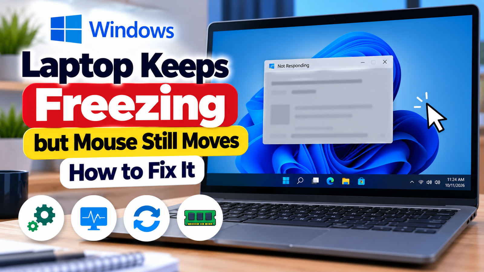 A laptop displaying a frozen Windows desktop with a visible mouse pointer, using a realistic home-workspace setting.