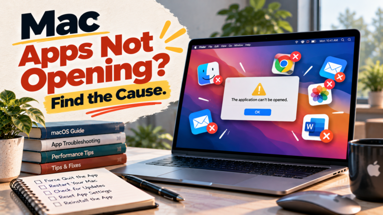 Mac apps not opening, with an application launch error displayed on a MacBook screen.