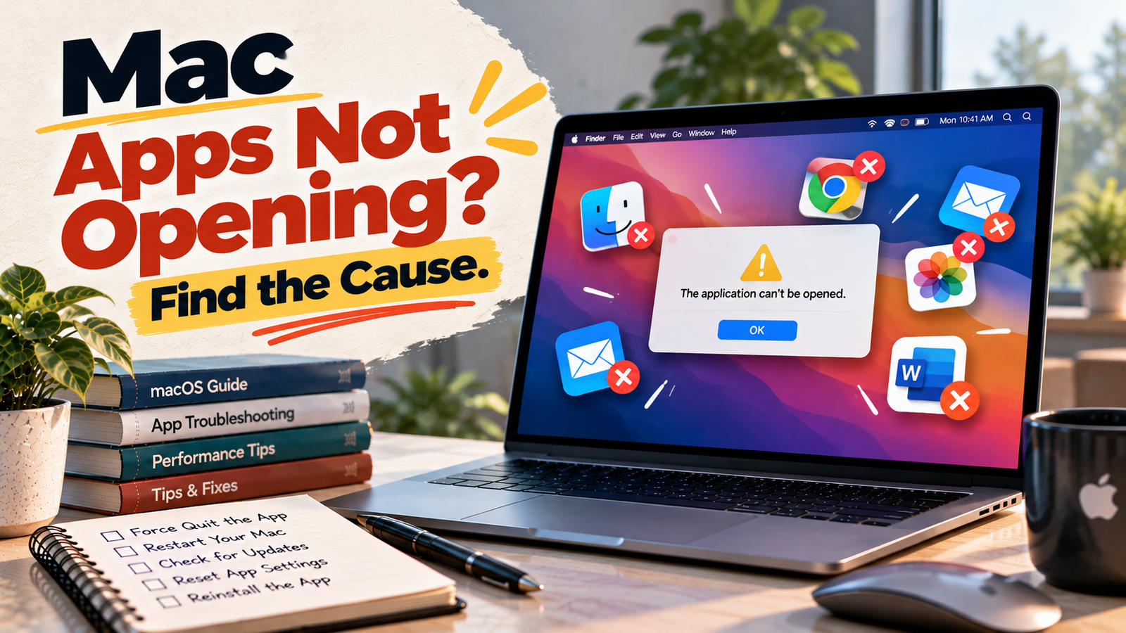 Mac apps not opening, with an application launch error displayed on a MacBook screen.