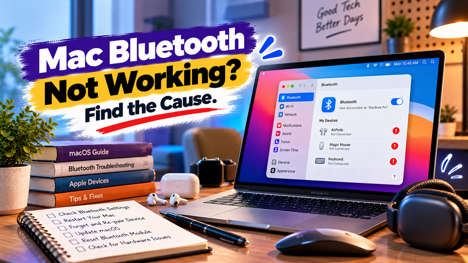 MacBook displaying Bluetooth settings with wireless headphones and a keyboard nearby.