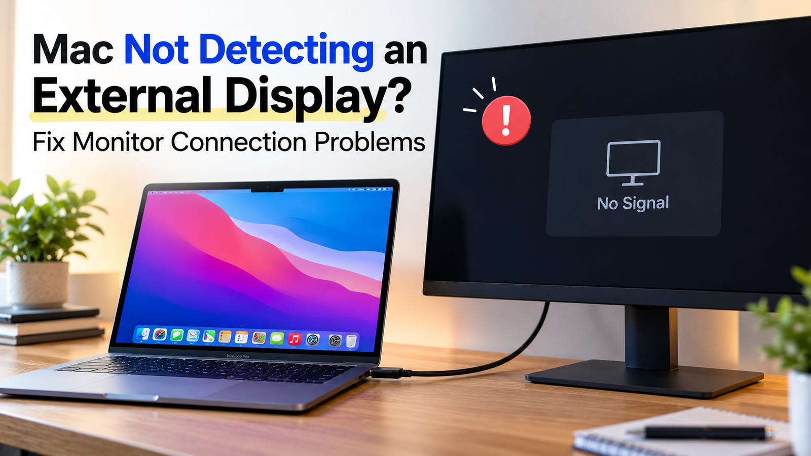 MacBook connected to an external monitor showing a No Signal message.