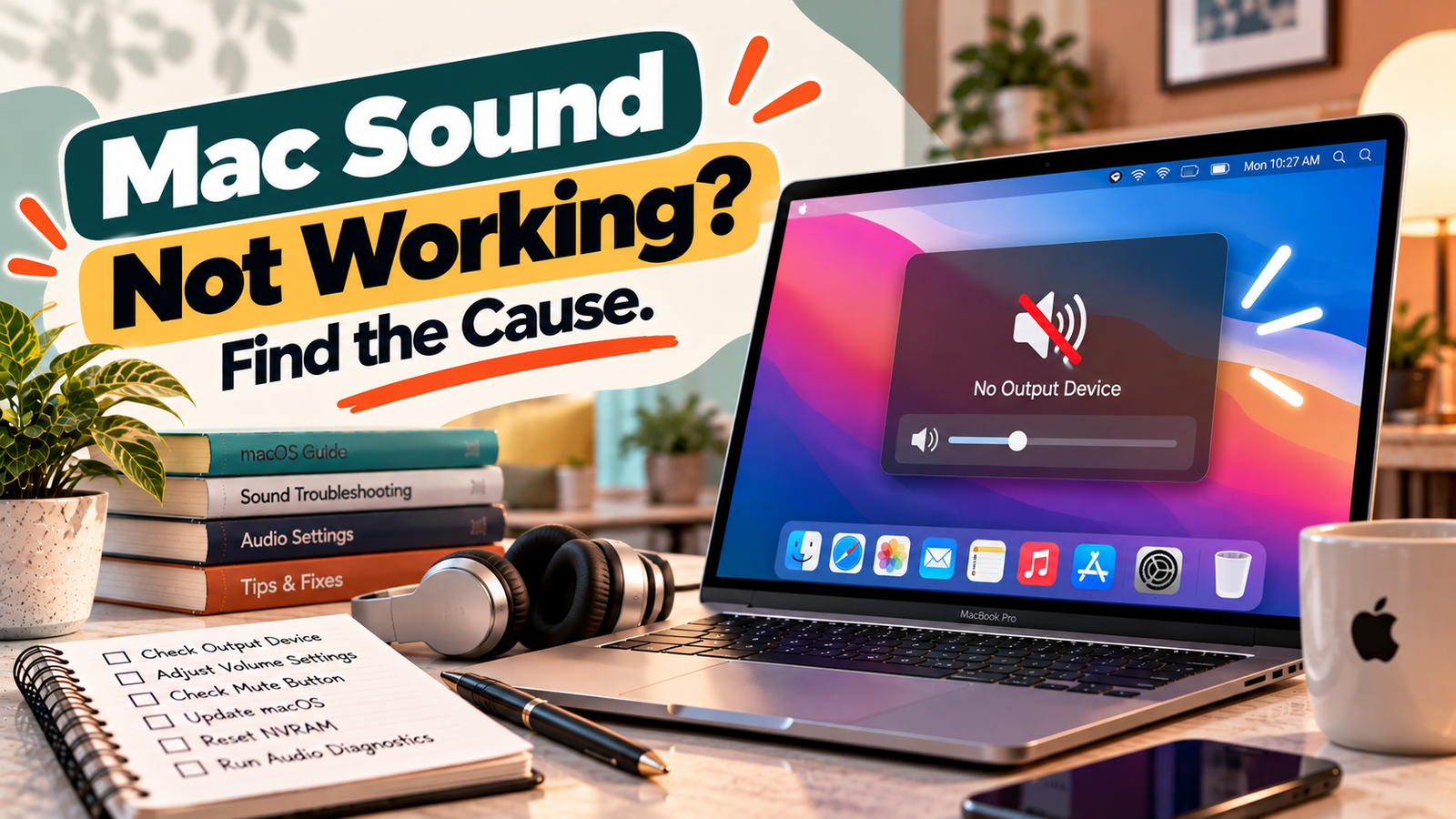 MacBook showing macOS sound settings beside headphones and external speakers.