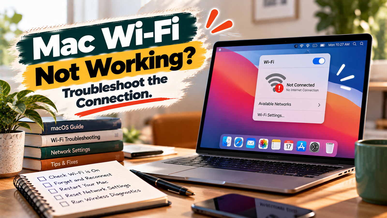 MacBook displaying Wi-Fi connection settings beside a wireless router.