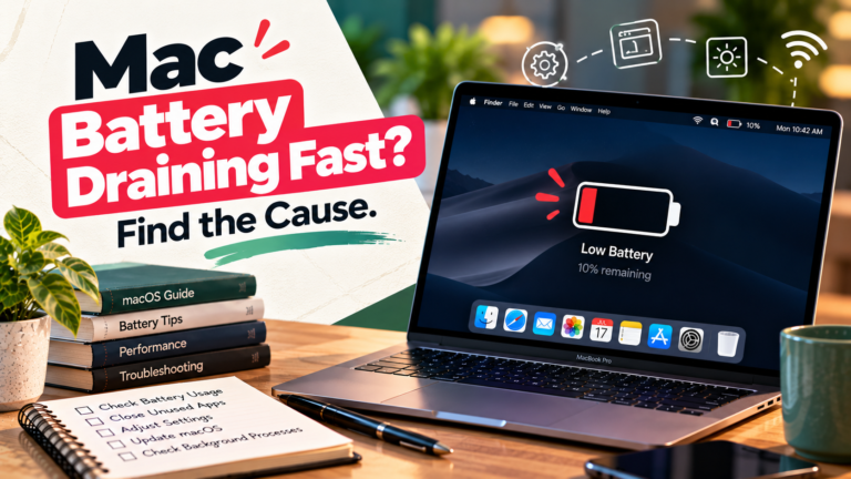 MacBook displaying battery usage settings beside a charging cable and notebook.