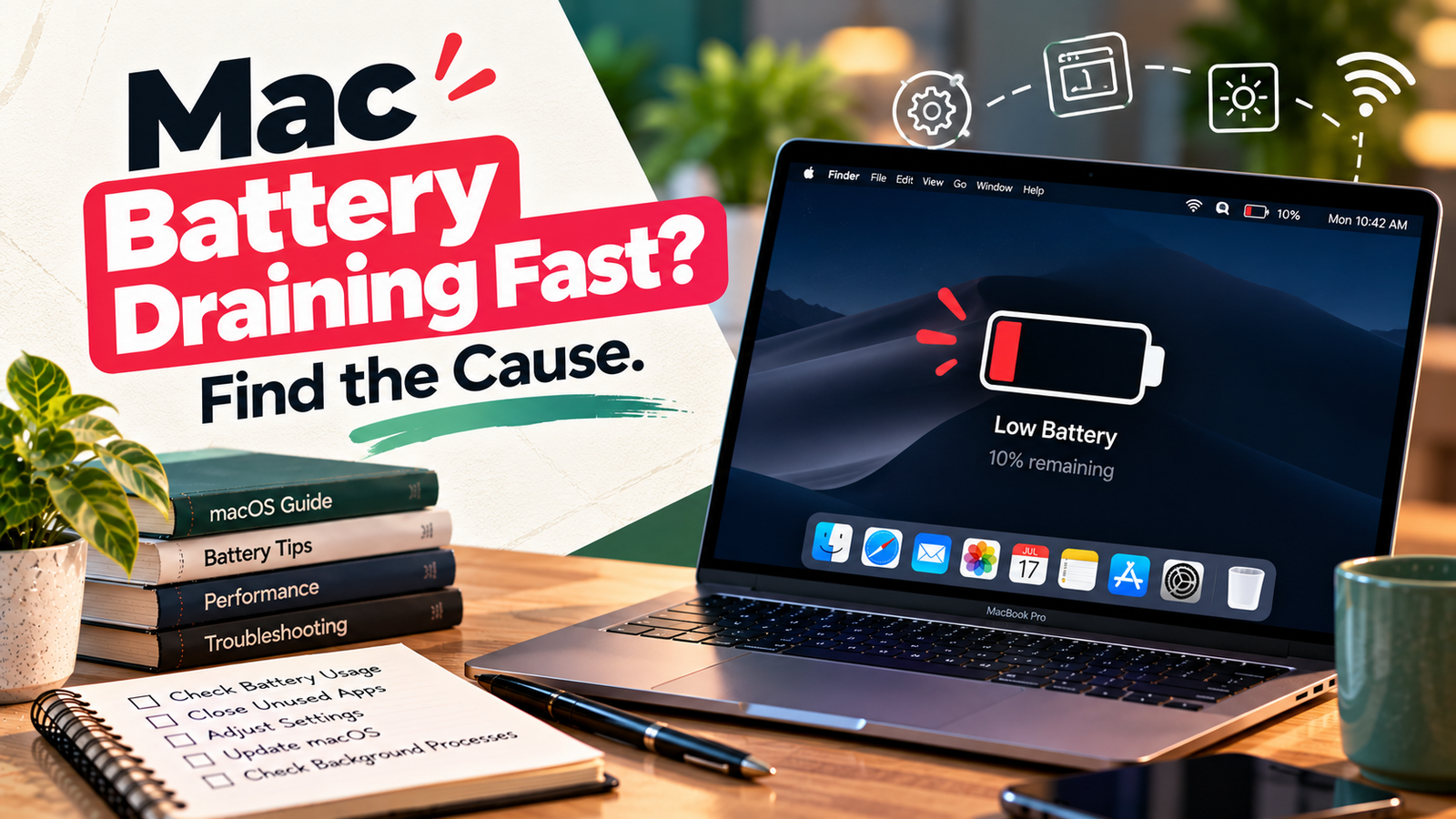 MacBook displaying battery usage settings beside a charging cable and notebook.