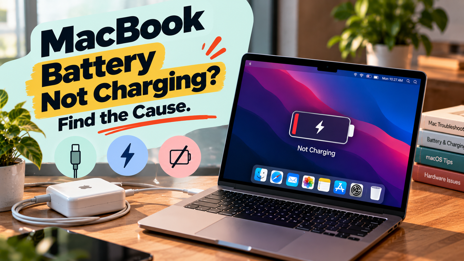 MacBook battery not charging, with the laptop connected to a power adapter and the battery status visible on screen.