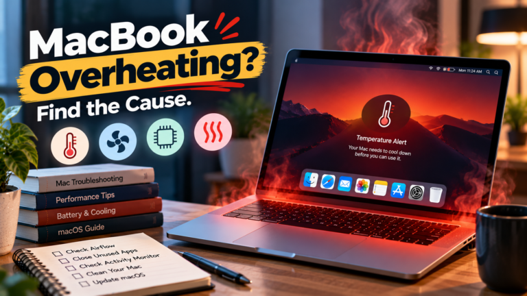 MacBook overheating on a desk with a temperature warning and open Activity Monitor window on screen.