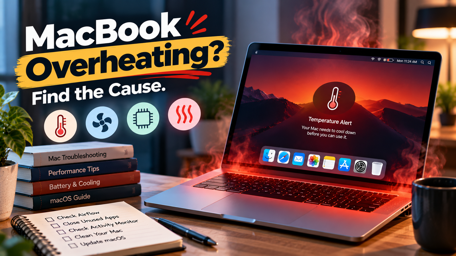 MacBook overheating on a desk with a temperature warning and open Activity Monitor window on screen.