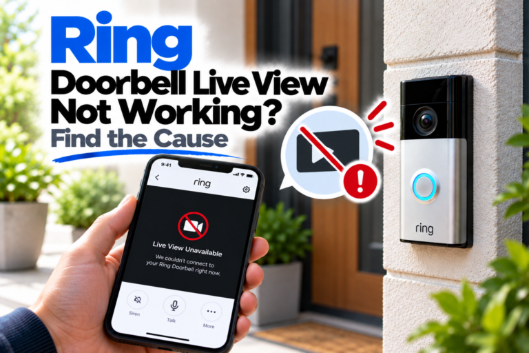 Ring Doorbell Live View not working troubleshooting guide with doorbell and smartphone showing a failed live video feed