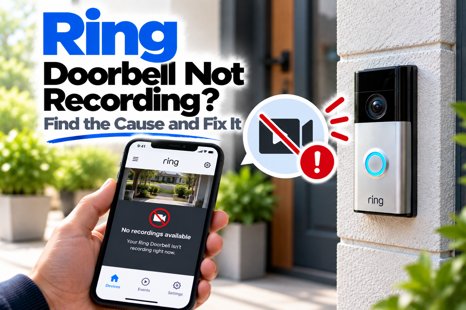 Ring Doorbell not recording troubleshooting guide showing a Ring Doorbell and missing video recording on a smartphone