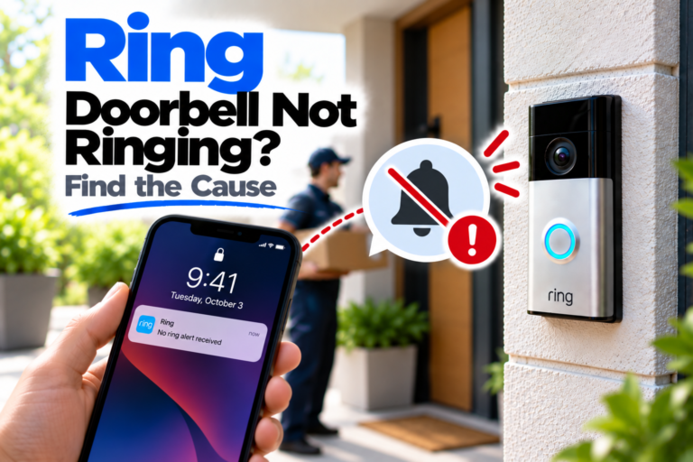 Ring Doorbell not ringing troubleshooting guide showing a Ring Doorbell and indoor Ring Chime with no alert