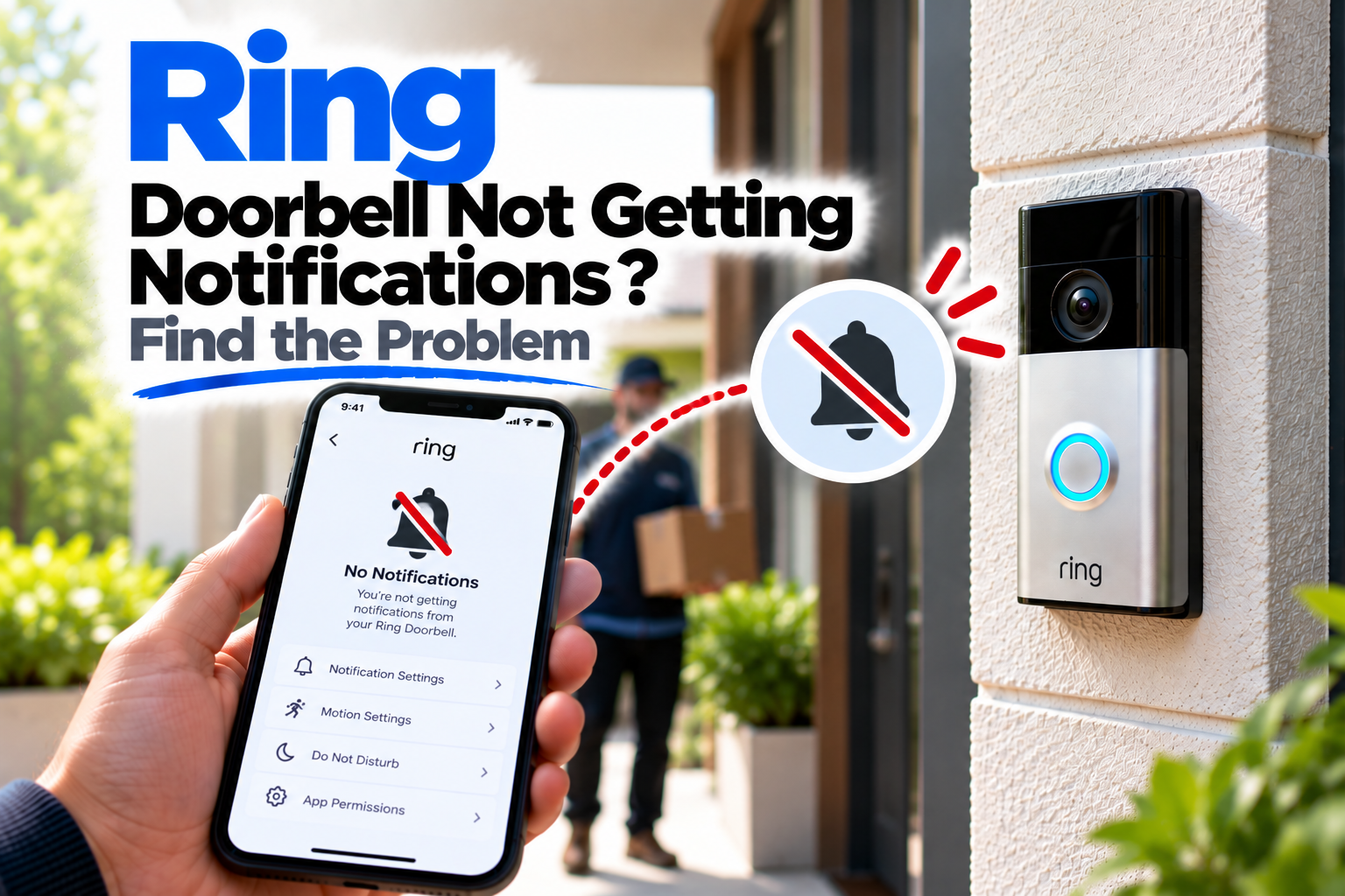 Ring Doorbell not getting notifications troubleshooting guide showing a Ring Doorbell and smartphone with missing motion alerts