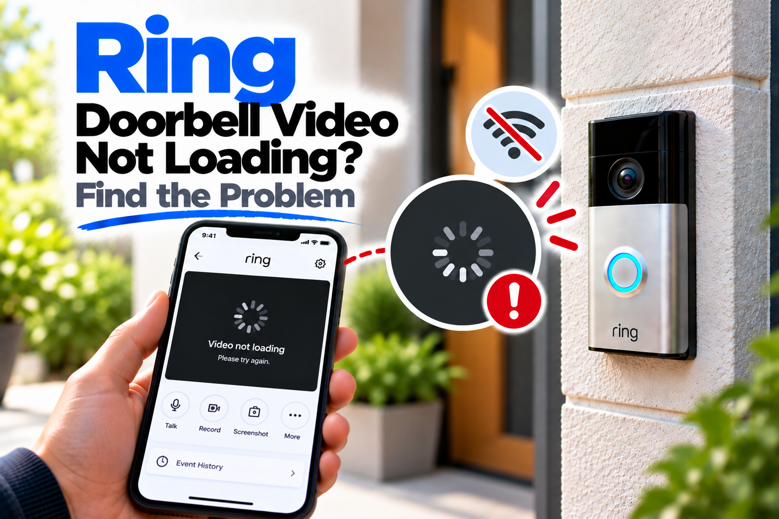 Ring Doorbell video not loading troubleshooting guide showing a Ring Doorbell and smartphone with a stuck video screen