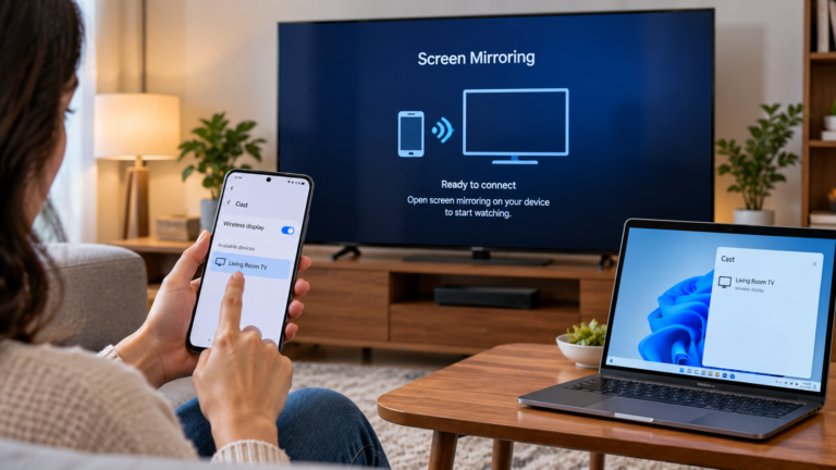 Smartphone wireless-display menu connecting to a television showing a screen-mirroring interface.