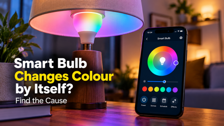 Colour-changing smart bulb beside a smartphone displaying smart-light controls.