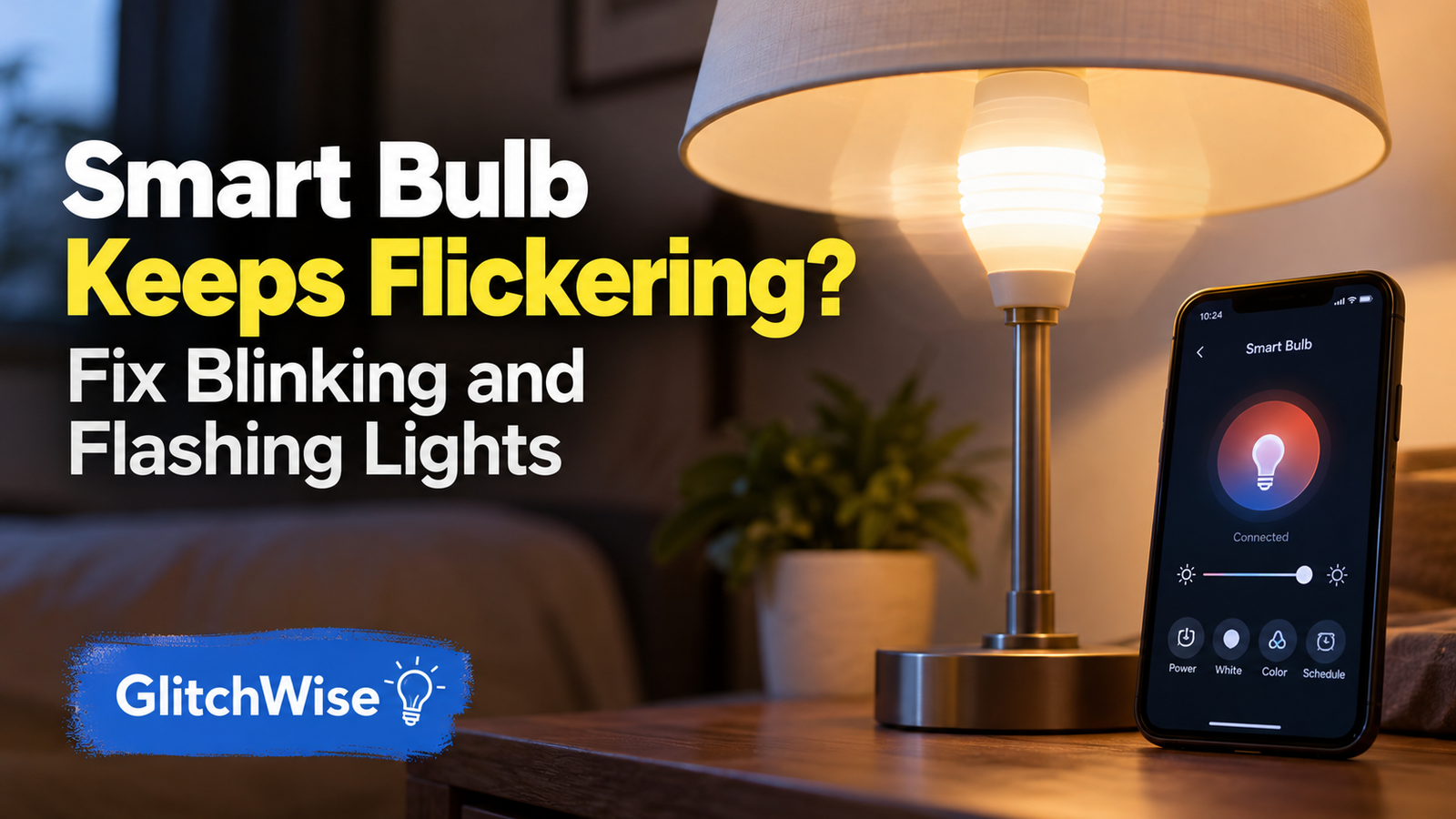 Smart bulb flickering beside a smartphone with smart-light controls.