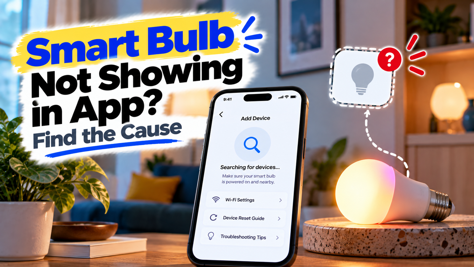 Smart bulb not showing in app troubleshooting guide showing a smart bulb and smartphone setup screen