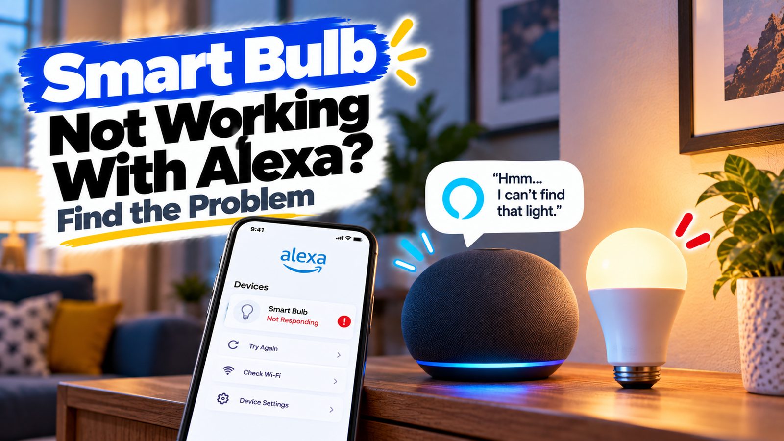 Smart bulb not working with Alexa troubleshooting guide showing a smart bulb and Alexa app on a smartphone