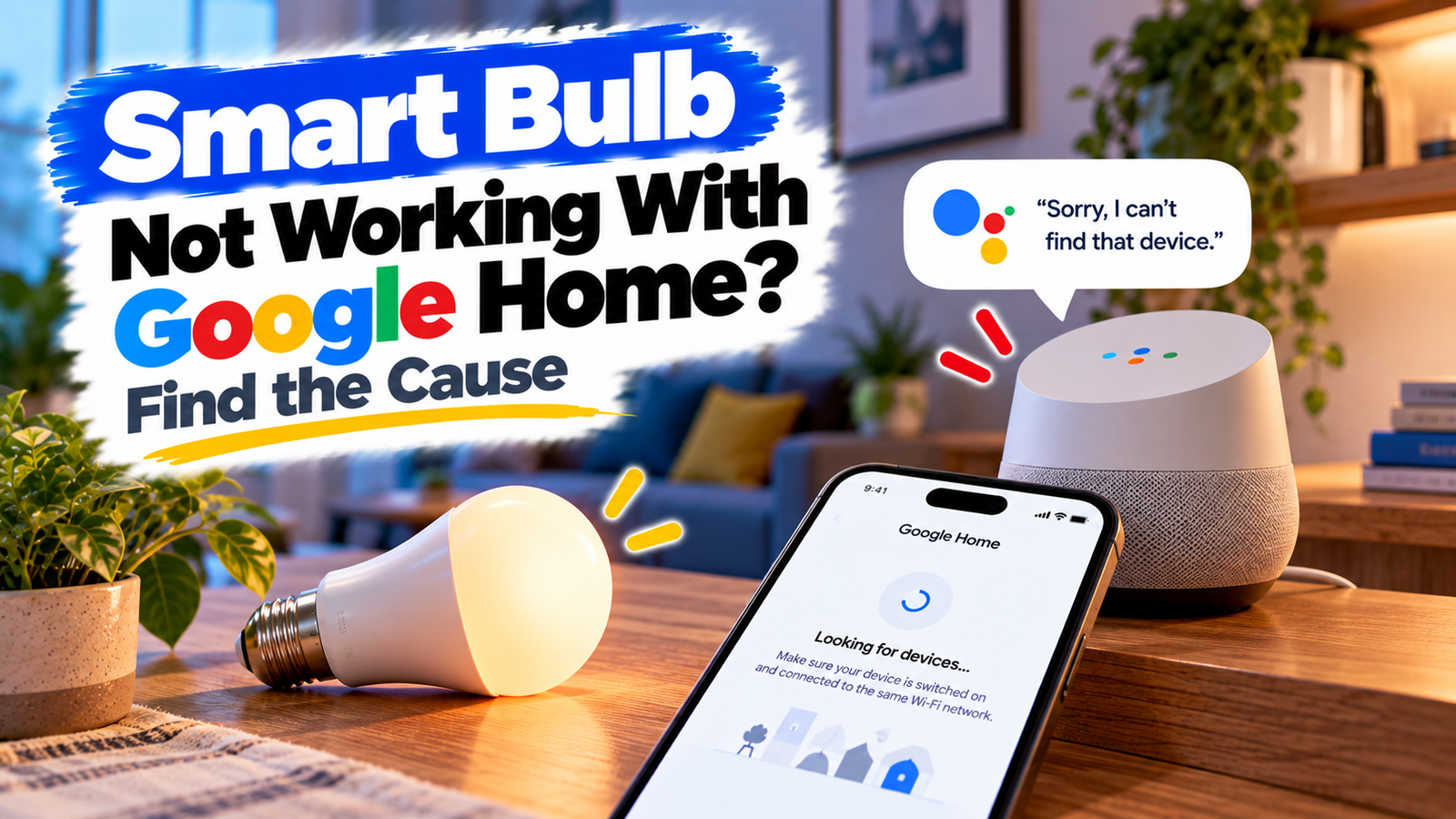 Smart bulb not working with Google Home troubleshooting guide showing a smart bulb and Google Home app on a smartphone