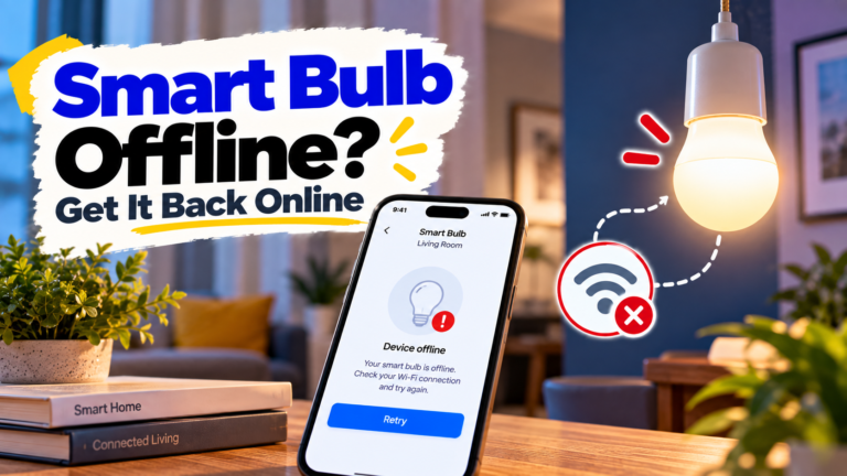 Smart bulb offline troubleshooting guide showing a disconnected smart bulb and Wi-Fi connection on a smartphone