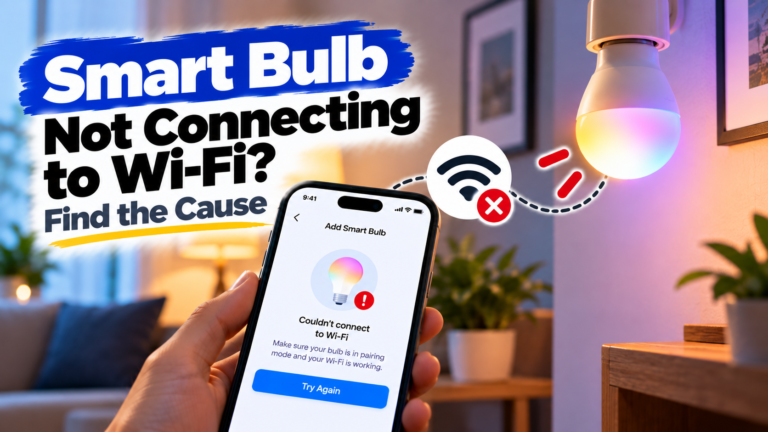 Smart bulb not connecting to Wi-Fi troubleshooting guide showing a smart bulb and Wi-Fi setup on a smartphone