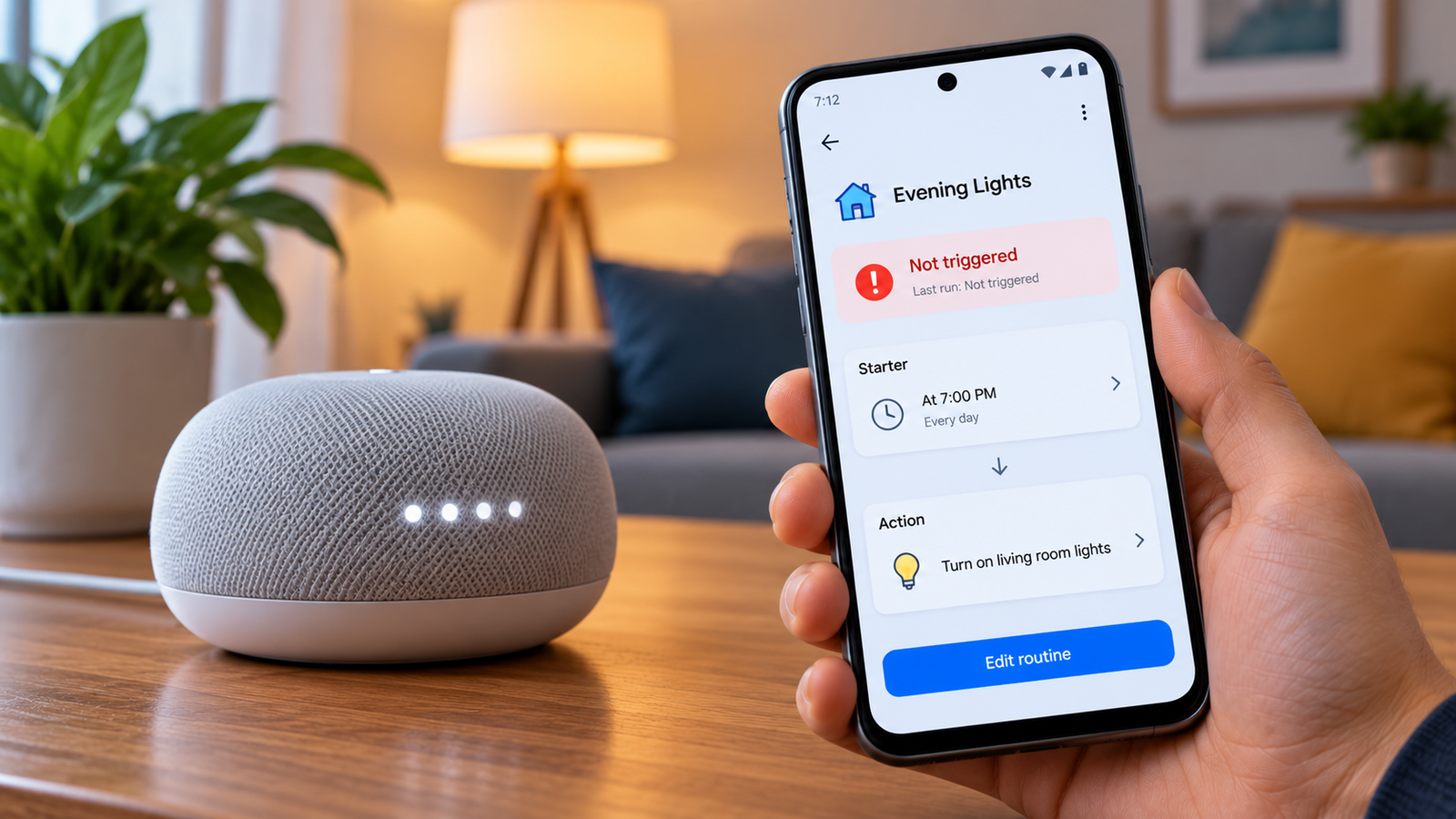 Google Home routine not working on a smartphone beside a smart speaker.