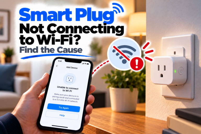 Smart plug not connecting to Wi-Fi troubleshooting guide showing a smart plug and smartphone setup screen