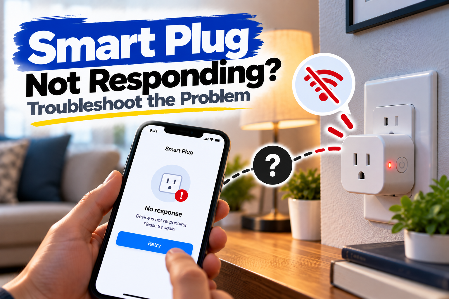 Smart plug not responding troubleshooting guide showing a smart plug and smartphone with an unresponsive control screen