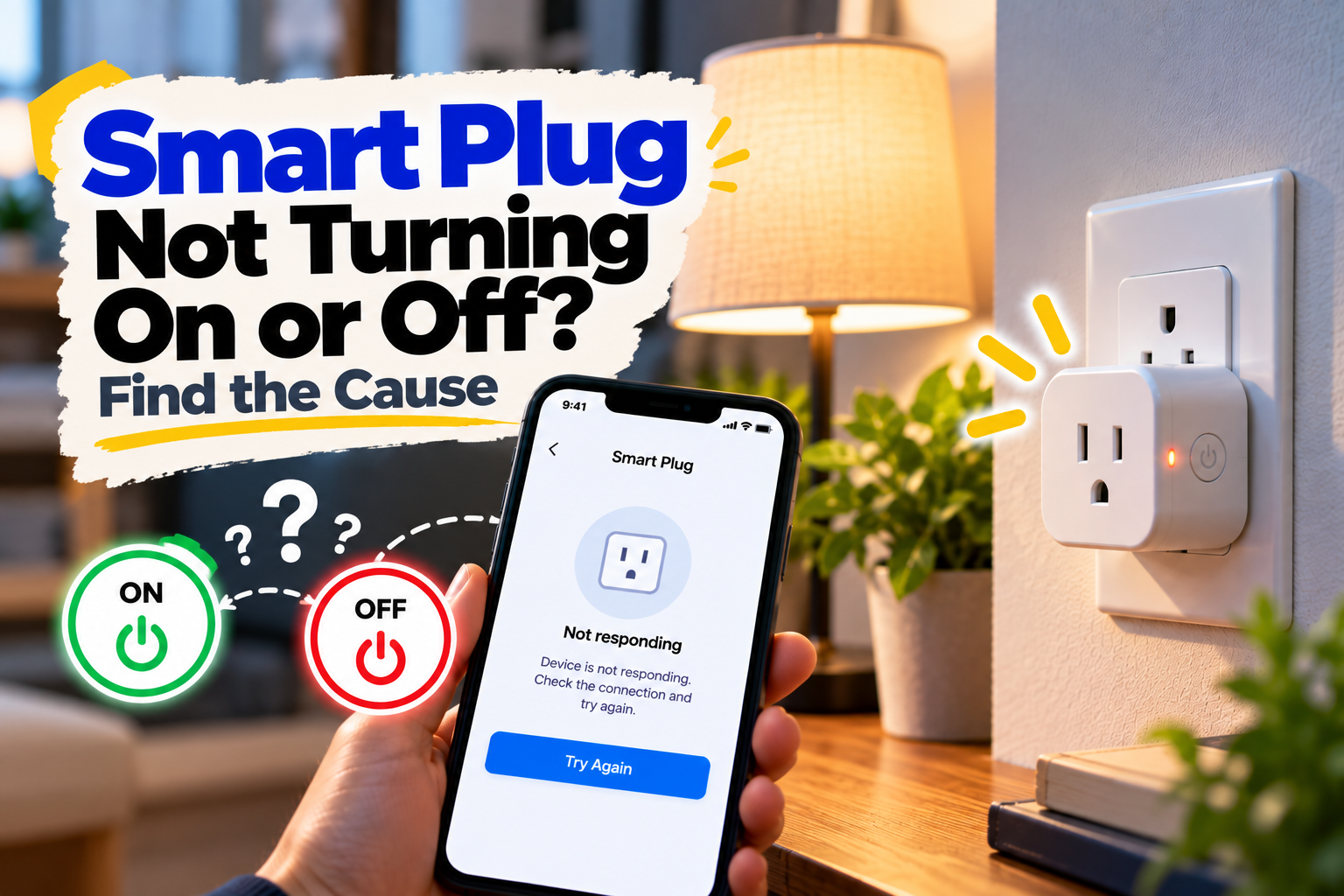 Smart plug not turning on or off troubleshooting guide showing a smart plug and smartphone control app