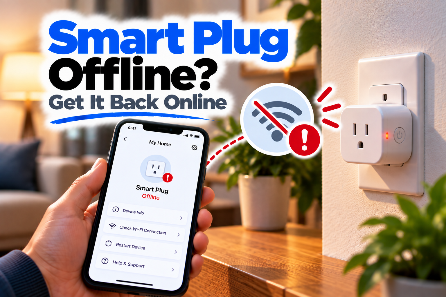 Smart plug offline troubleshooting guide showing a smart plug and smartphone with an offline status