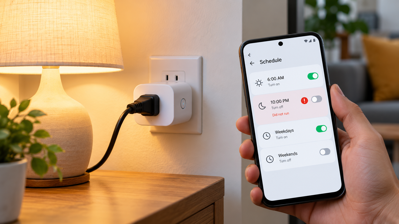 Smart plug schedule not working on a smartphone beside a connected lamp.