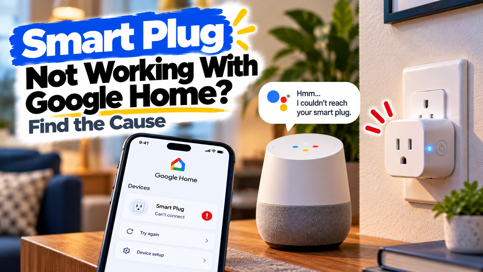 Smart plug not working with Google Home troubleshooting guide showing a smart plug and Google Home app on a smartphone