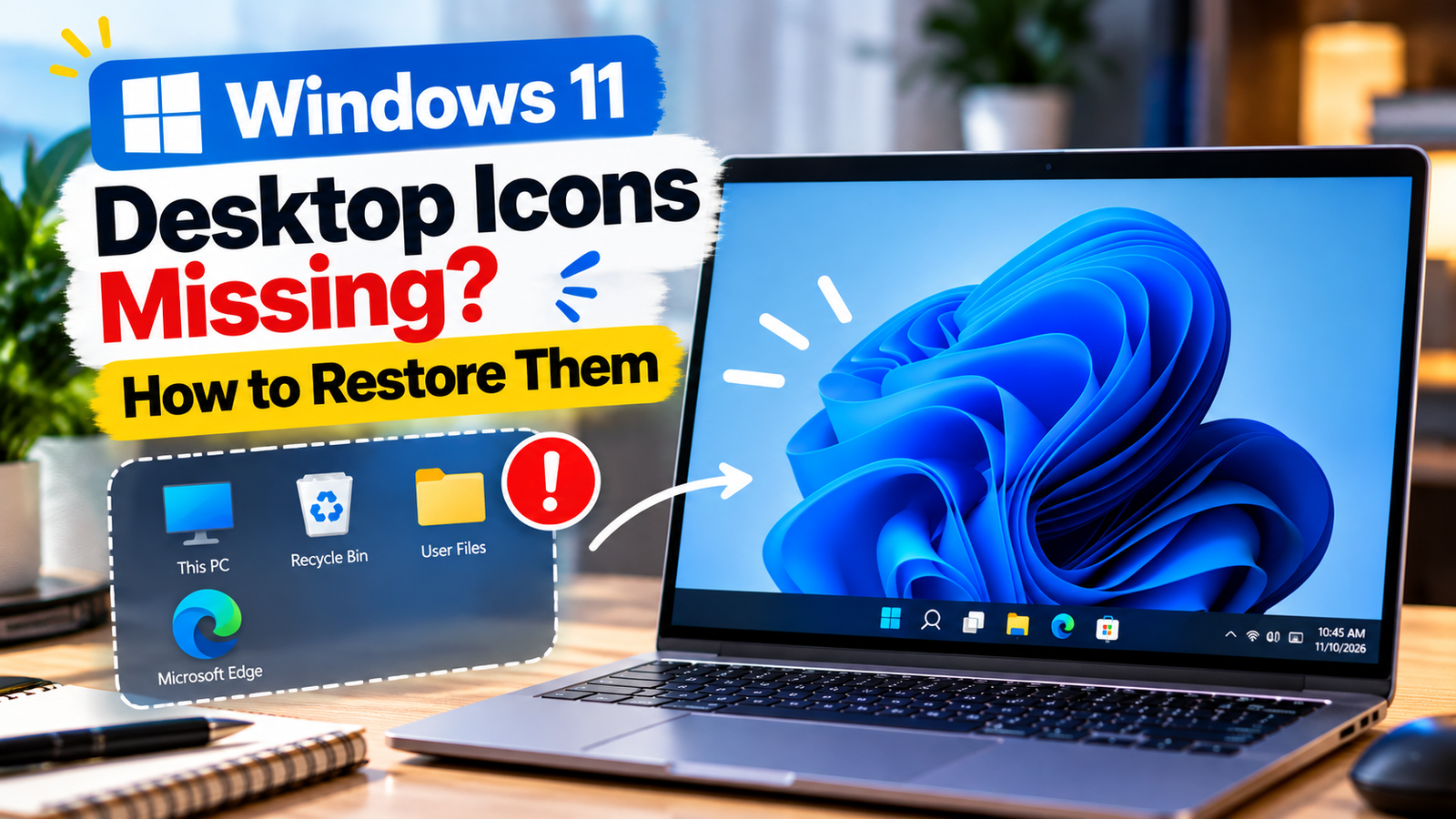 Windows 11 desktop icons missing with system icons and folders visible