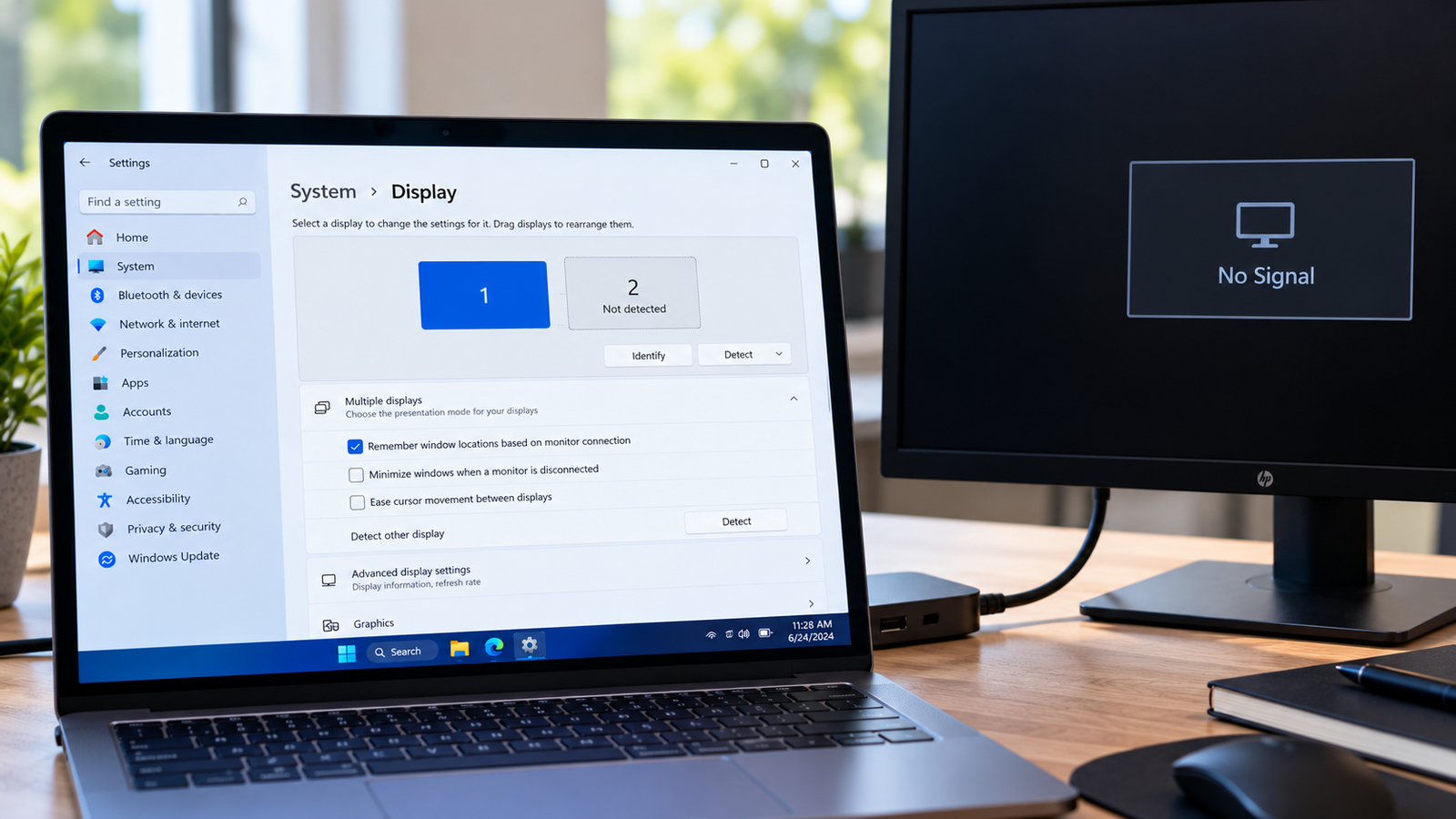 Windows 11 laptop connected to an external monitor that is not detected