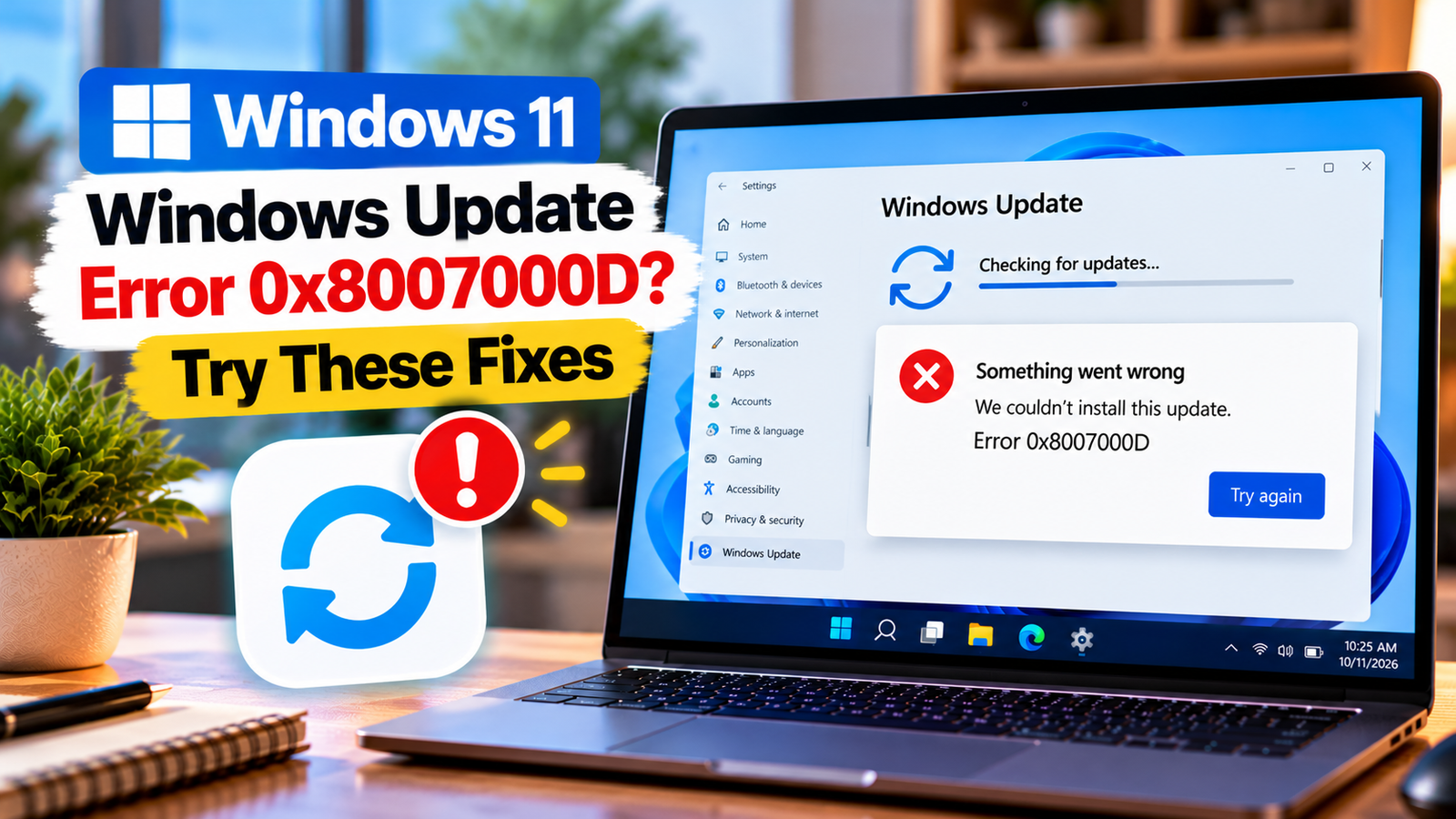 Windows Update error 0x8007000D displayed on a Windows 11 laptop